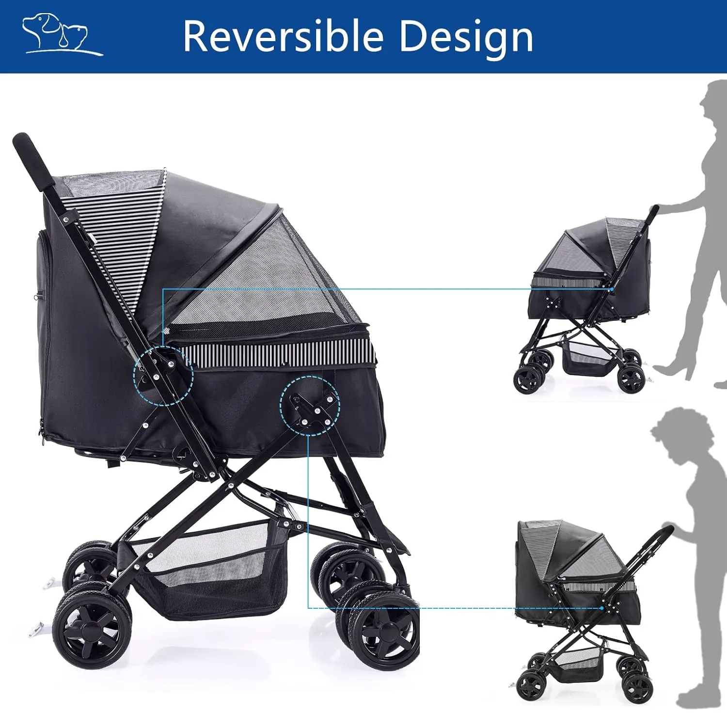 Pet Stroller for Large Medium Dogs & Cats with Reversible Handle, Foldable Pet Stroller Travel Carriage with Large Storage Basket, Black