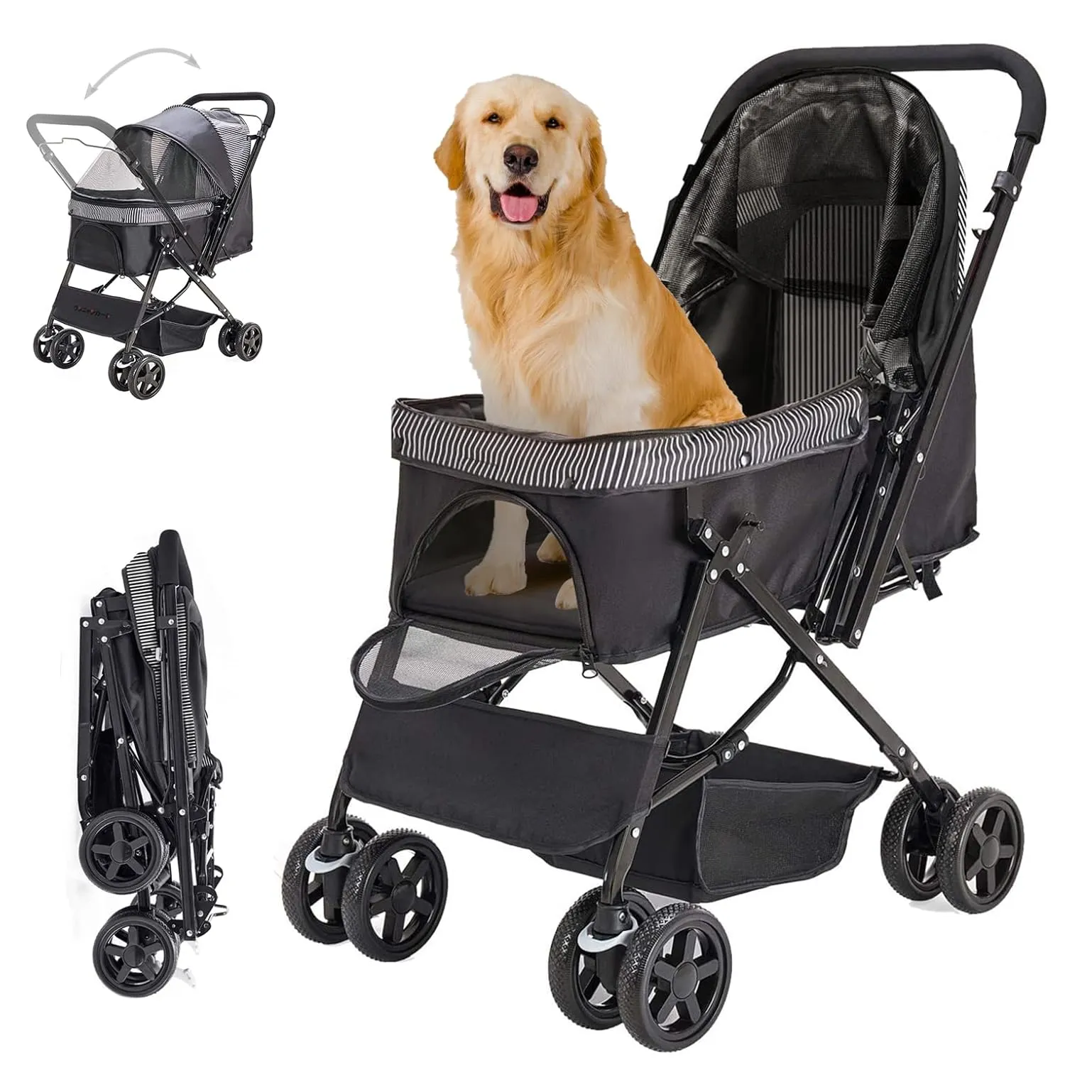 Pet Stroller for Large Medium Dogs & Cats with Reversible Handle, Foldable Pet Stroller Travel Carriage with Large Storage Basket, Black