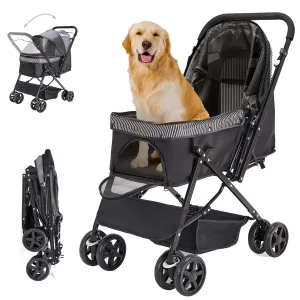Pet Stroller for Large Medium Dogs & Cats with Reversible Handle, Foldable Pet Stroller Travel Carriage with Large Storage Basket, Black