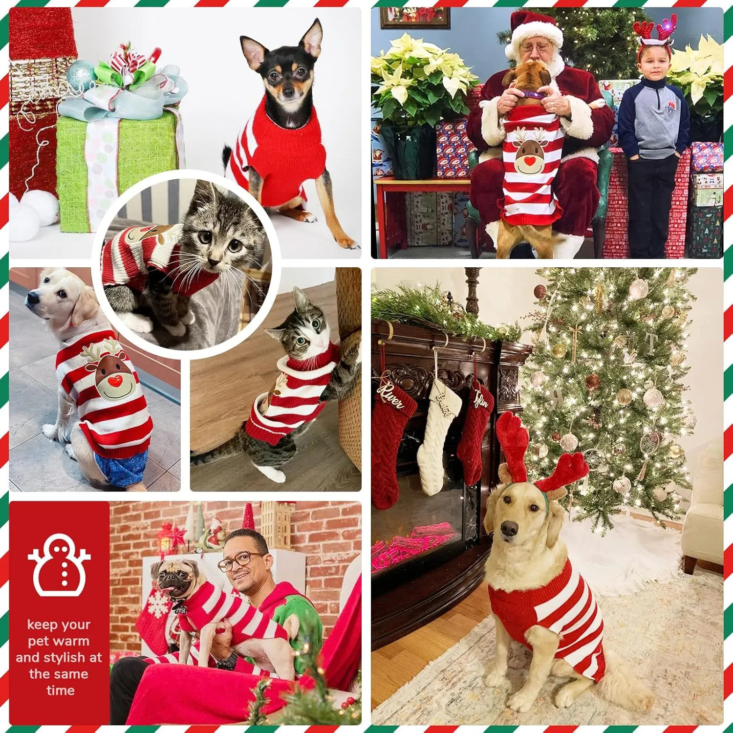 PETCARE Reindeer Christmas Dog Sweater Red Striped Cat Sweater Cartoon Elk Pet Vest Holiday Dog Clothes Puppy Sweaters for Small Medium Large Dogs Cats Fall Winter Outfits Xmas Dog Costume,XX-Large