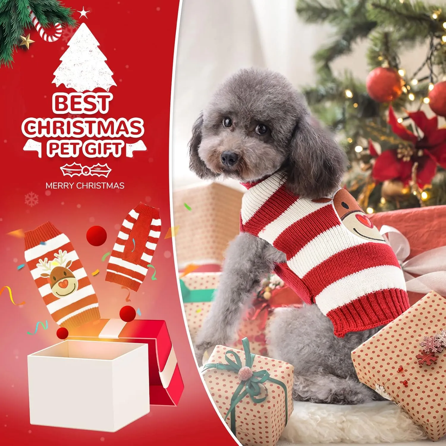PETCARE Reindeer Christmas Dog Sweater Red Striped Cat Sweater Cartoon Elk Pet Vest Holiday Dog Clothes Puppy Sweaters for Small Medium Large Dogs Cats Fall Winter Outfits Xmas Dog Costume,XX-Large