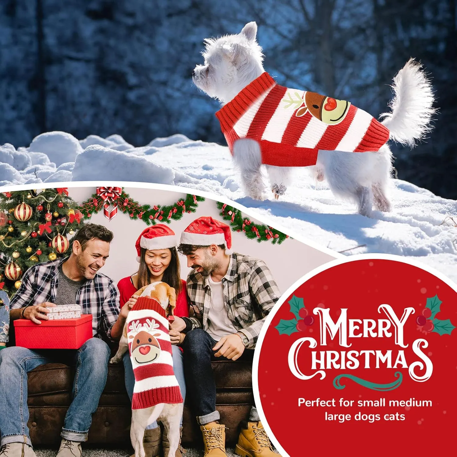 PETCARE Reindeer Christmas Dog Sweater Red Striped Cat Sweater Cartoon Elk Pet Vest Holiday Dog Clothes Puppy Sweaters for Small Medium Large Dogs Cats Fall Winter Outfits Xmas Dog Costume,XX-Large