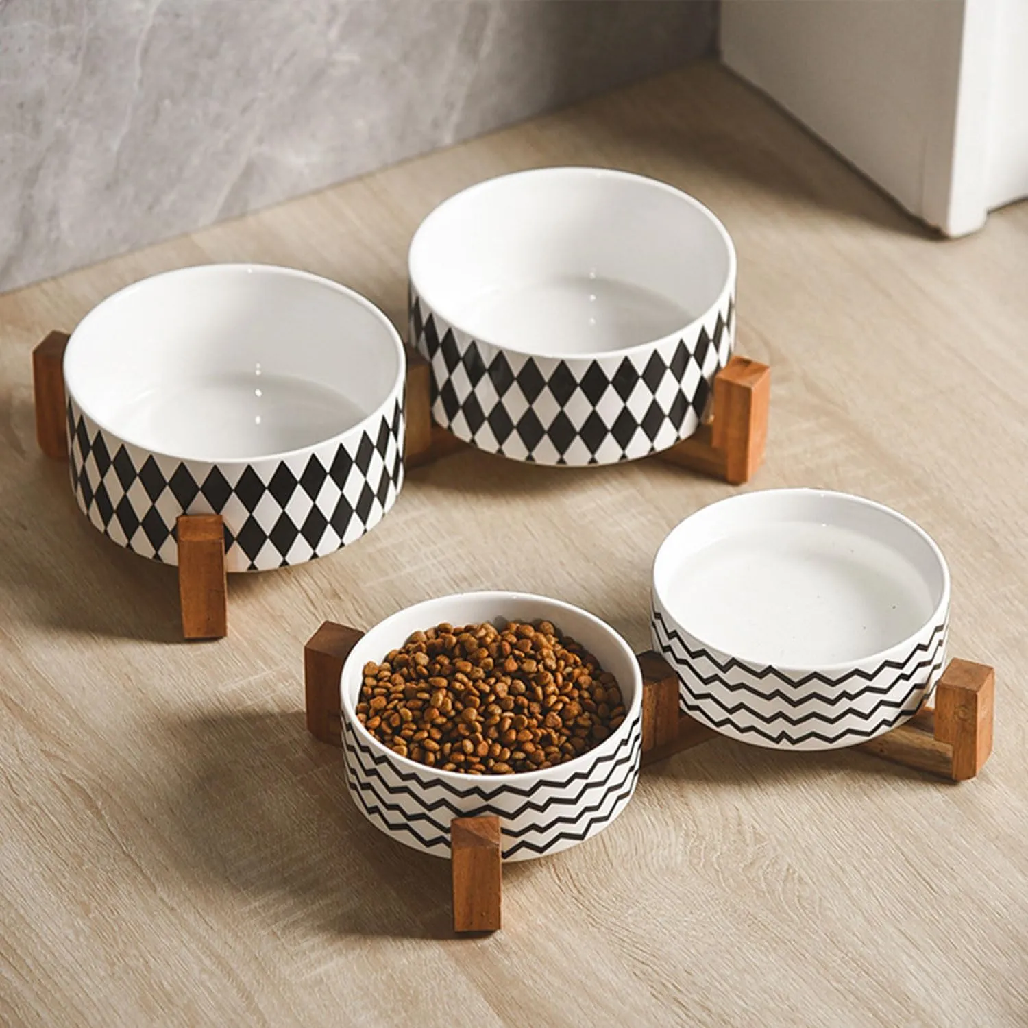 Petygooing Ceramic Dog Cat Bowl Set with Stand, Pet Food and Water Dishes,Small Dog Bowls Anti-Slip Set of 2 Cat Bowls-Pet Food Bowl- Pet Dish Small Medium Size Pet (28OZ/6.1 in) Black Rhombus