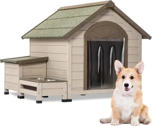 Provides Shelter for Pets with Outdoor Wooden Dog House, Elevated Feeding Station, Storage Box, Weatherproof Roof, Cream