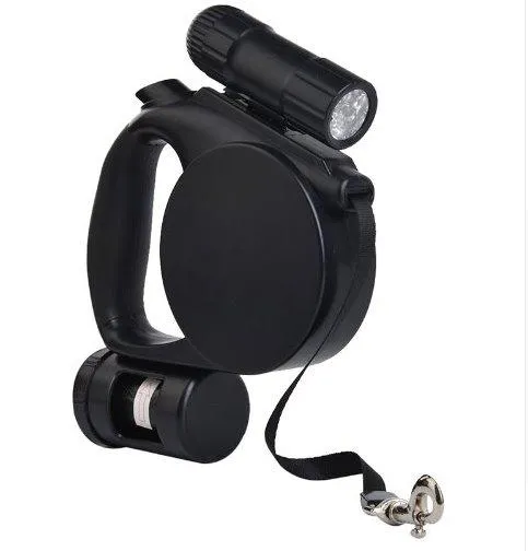 Retractable Dog Leash with LED Flashlight and Garbage Bag
