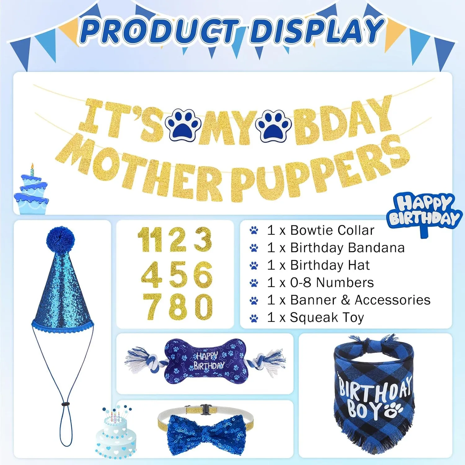SCENEREAL Dog Birthday Party Supplies, Dog Birthday Bandana Hat Toy Bow Tie Collar Set with Birthday Numbers, Puppy Pet Birthday Scarf Accessories Outfit Decorations for Boy Girl Small Dogs, S