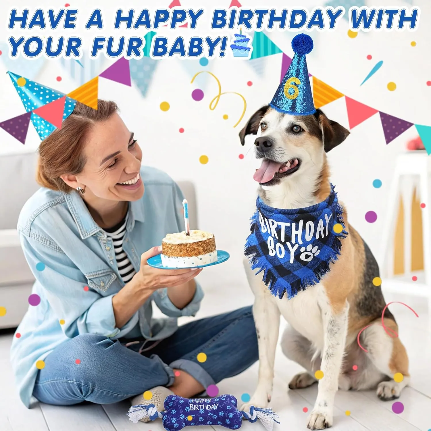 SCENEREAL Dog Birthday Party Supplies, Dog Birthday Bandana Hat Toy Bow Tie Collar Set with Birthday Numbers, Puppy Pet Birthday Scarf Accessories Outfit Decorations for Boy Girl Small Dogs, S
