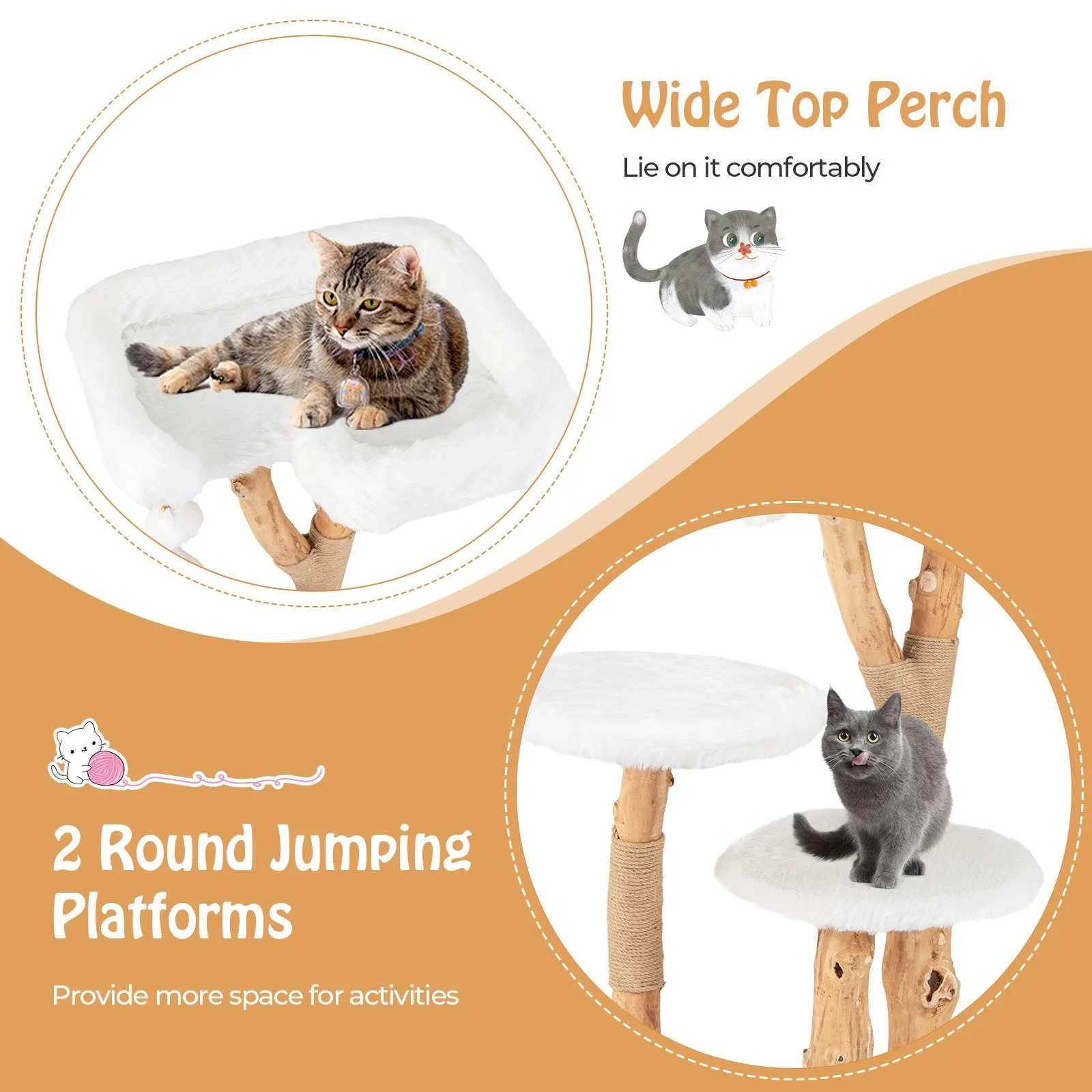 Solid Wood Cat Tree with Perch and Dangling Ball-White