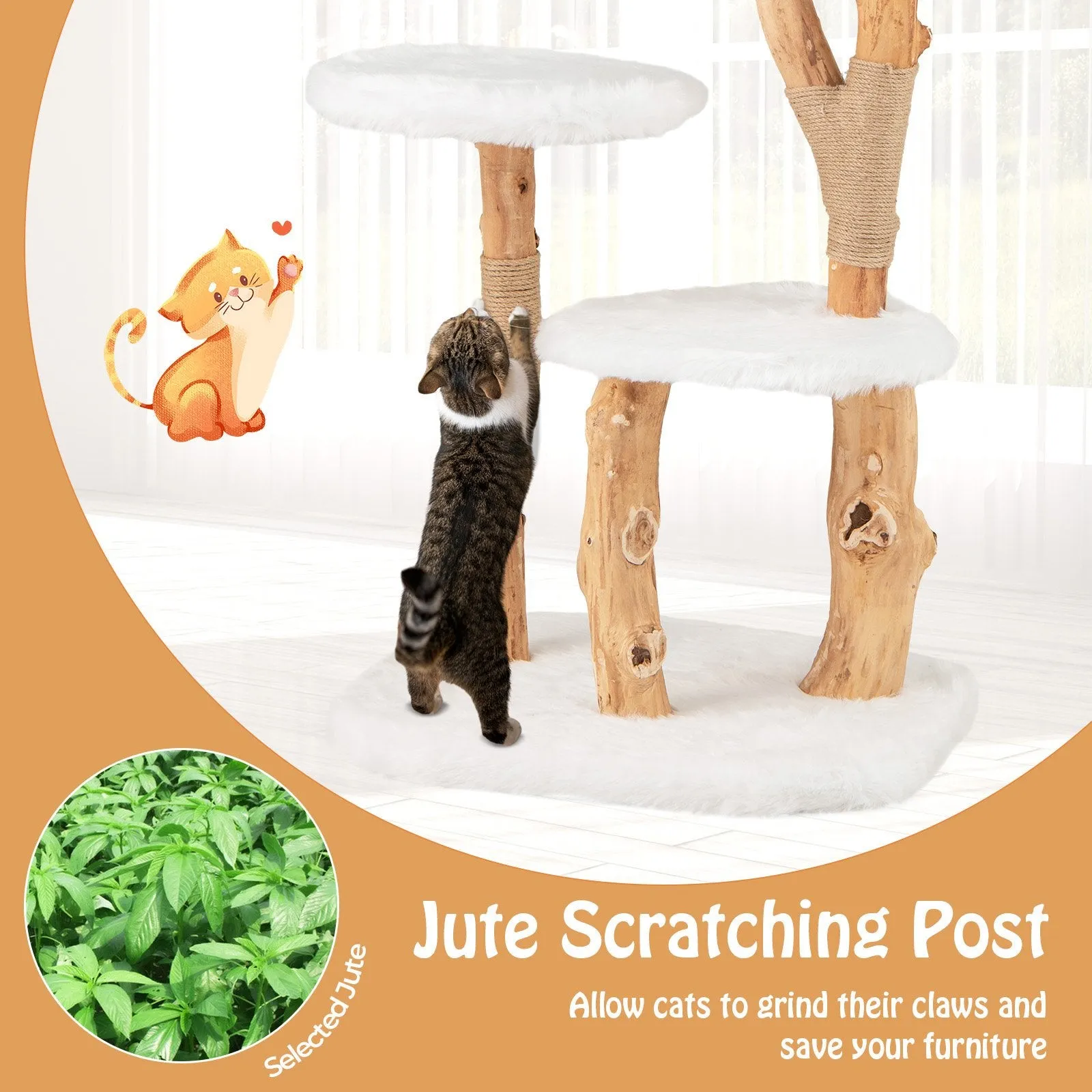 Solid Wood Cat Tree with Perch and Dangling Ball-White