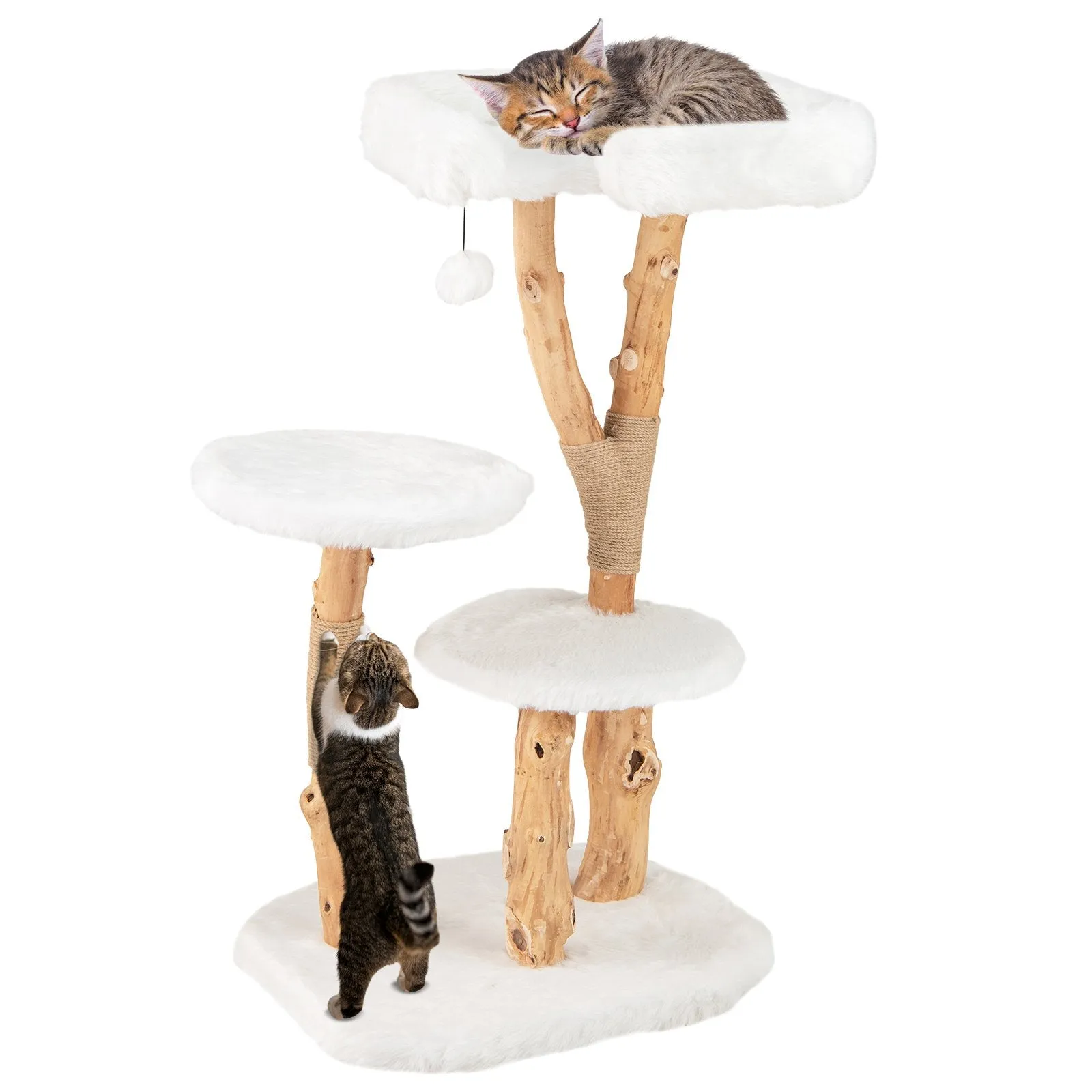 Solid Wood Cat Tree with Perch and Dangling Ball-White