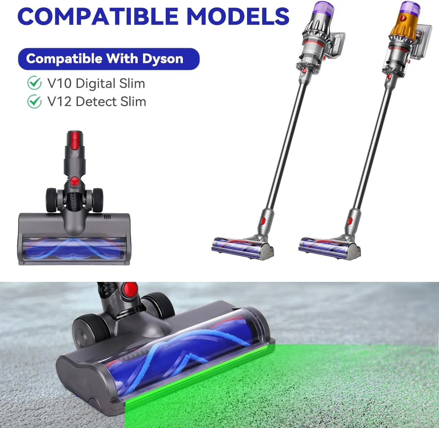 Upgrade Head Replacement Parts for Dyson V12/V10 Slim Vaccum Cleaner, Cleaner Head with Full-Area Green LED Lights, Direct Drive Cordless Vacuum Head Attachments, Quick-Release Design