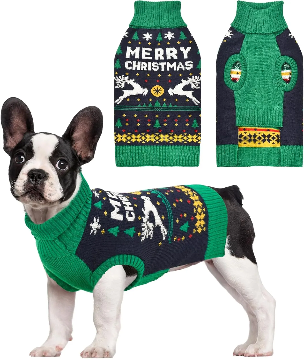 Vehomy Christmas Dog Sweater Xmas Pet Dog Clothes Dog Cat Turtleneck Knitwear with Christmas Trees Elks Snowflakes Christmas Knitted Sweater Shirt Pullover Apparel for Small Medium Dogs S