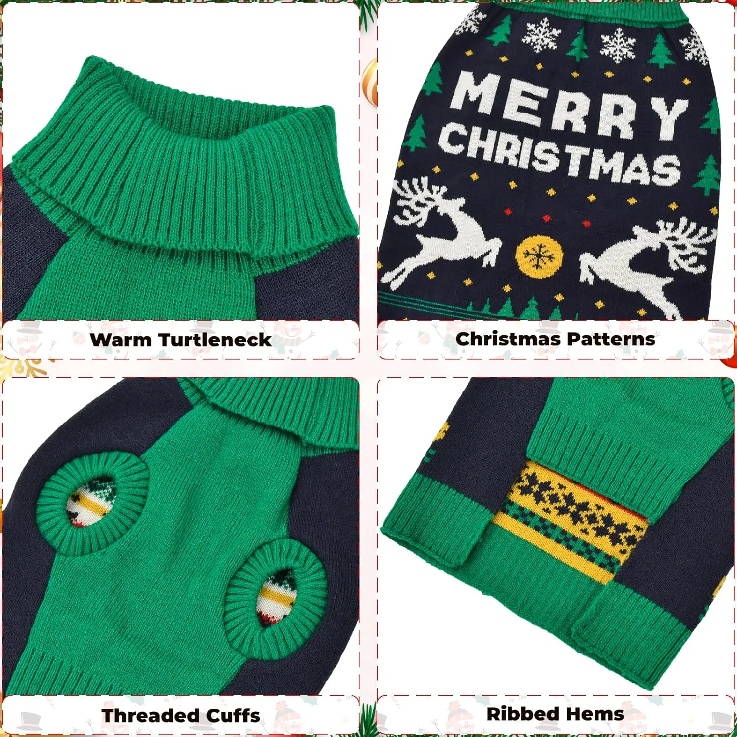 Vehomy Christmas Dog Sweater Xmas Pet Dog Clothes Dog Cat Turtleneck Knitwear with Christmas Trees Elks Snowflakes Christmas Knitted Sweater Shirt Pullover Apparel for Small Medium Dogs S