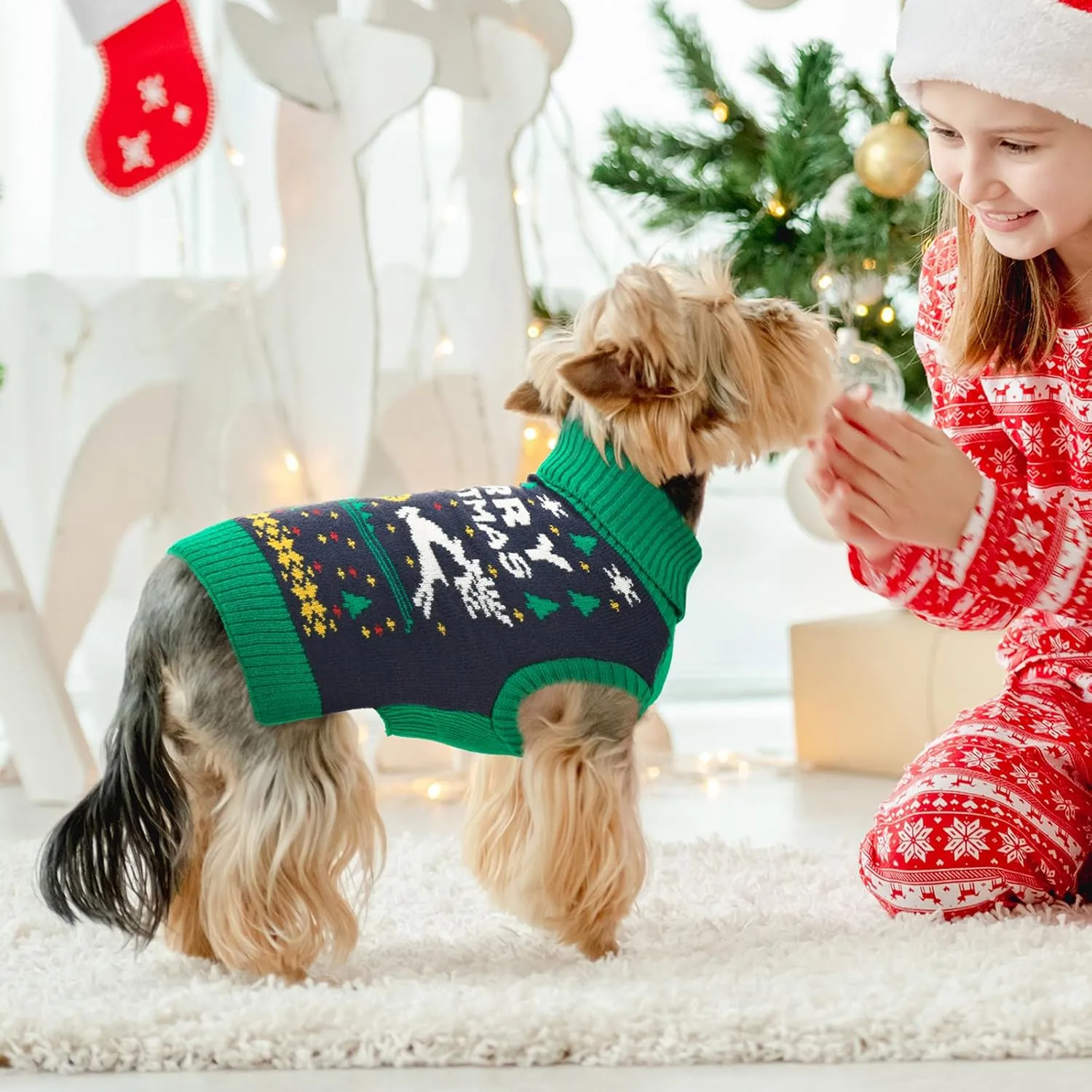 Vehomy Christmas Dog Sweater Xmas Pet Dog Clothes Dog Cat Turtleneck Knitwear with Christmas Trees Elks Snowflakes Christmas Knitted Sweater Shirt Pullover Apparel for Small Medium Dogs S