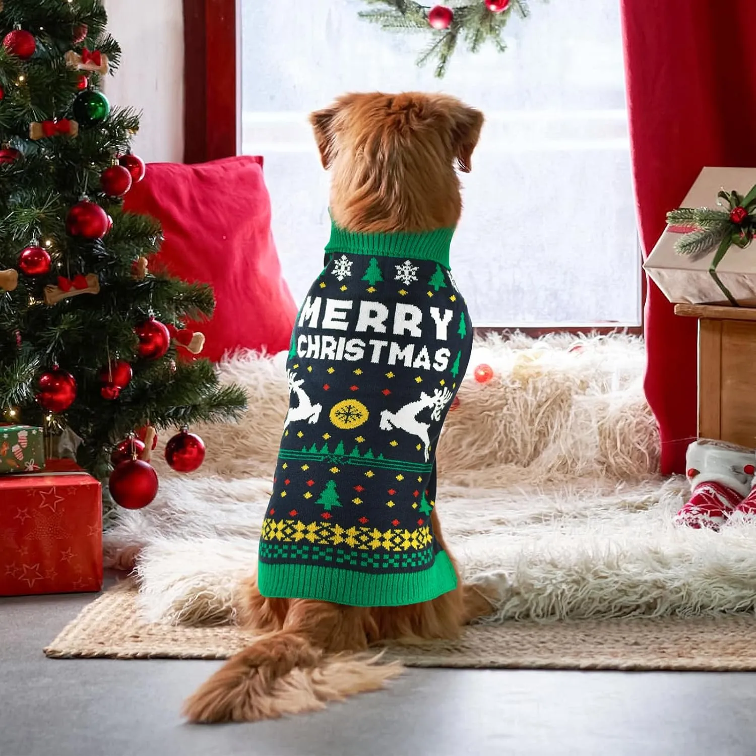 Vehomy Christmas Dog Sweater Xmas Pet Dog Clothes Dog Cat Turtleneck Knitwear with Christmas Trees Elks Snowflakes Christmas Knitted Sweater Shirt Pullover Apparel for Small Medium Dogs S