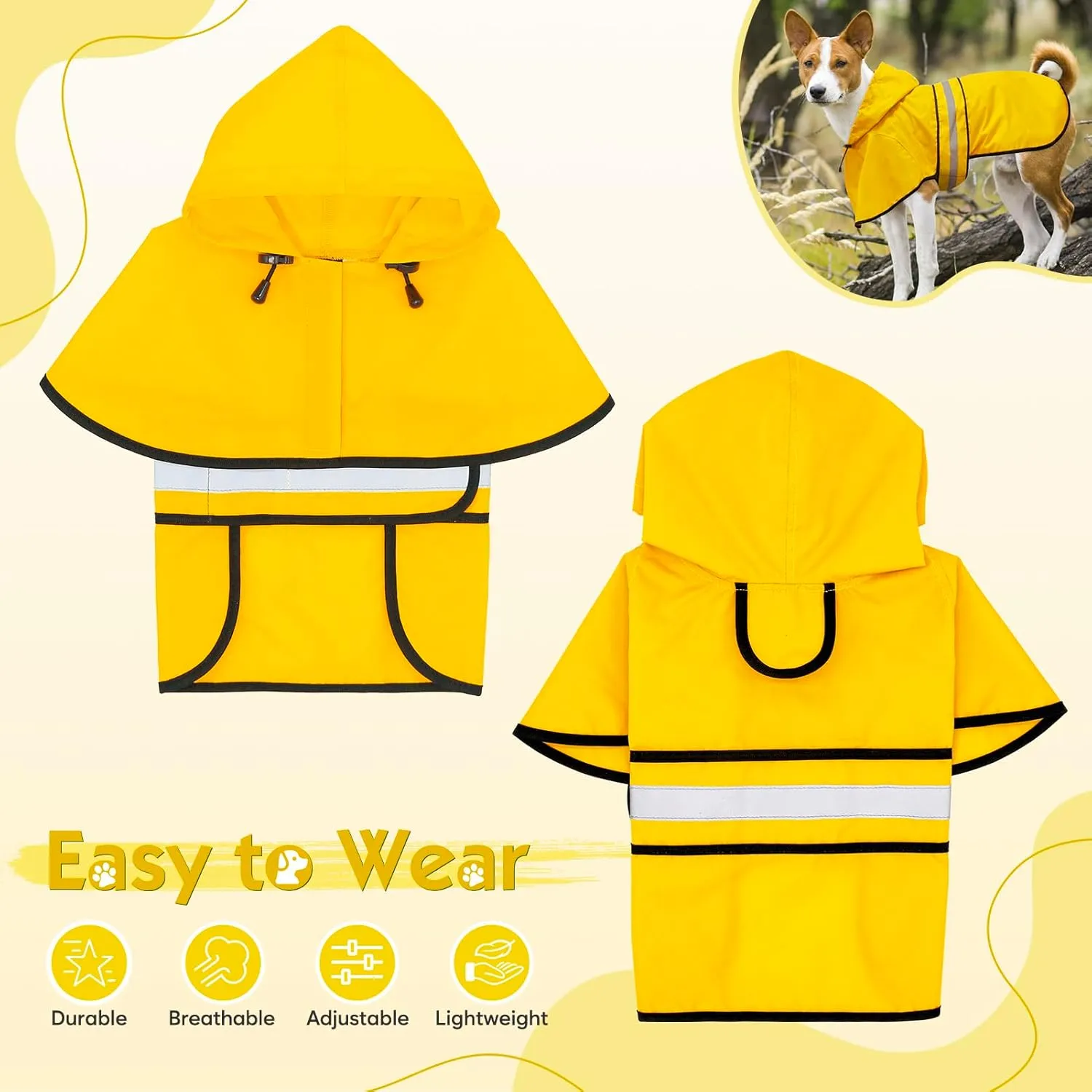 Weesiber Dog Raincoat, Adjustable Waterproof Dog Rain Jacket Poncho with Reflective Strip and Leash Hole, Lightweight Pet Rain Coat for Small to X-Large Doggos (XL, Yellow)
