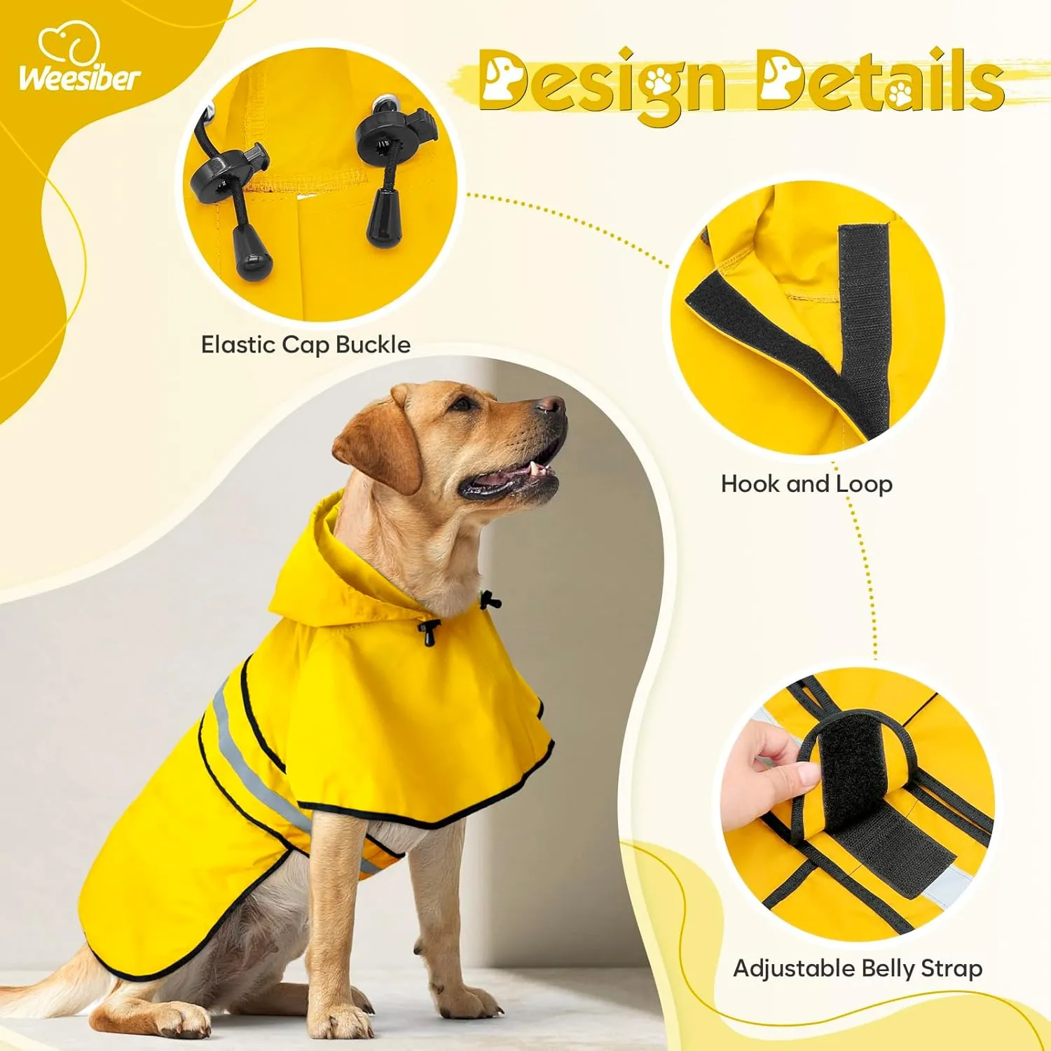 Weesiber Dog Raincoat, Adjustable Waterproof Dog Rain Jacket Poncho with Reflective Strip and Leash Hole, Lightweight Pet Rain Coat for Small to X-Large Doggos (XL, Yellow)