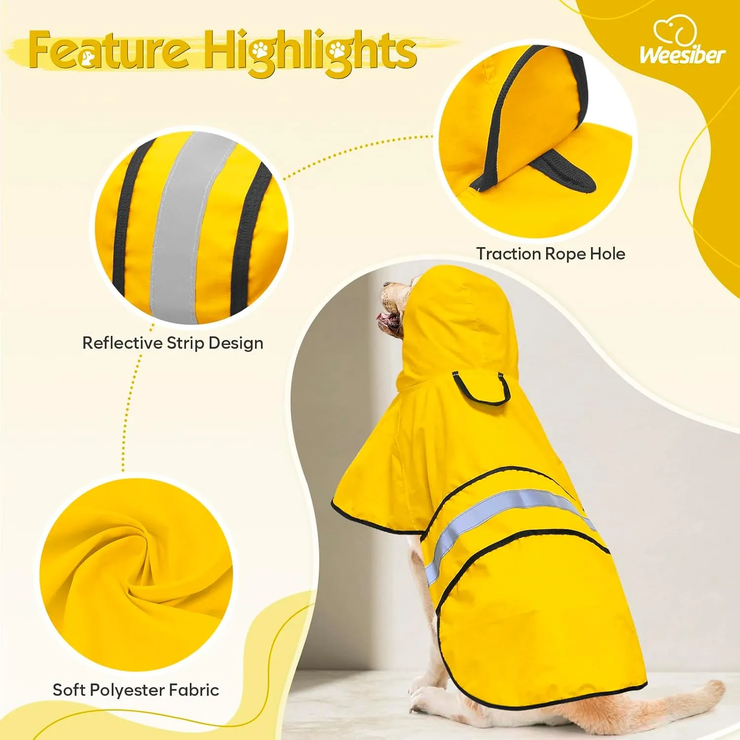 Weesiber Dog Raincoat, Adjustable Waterproof Dog Rain Jacket Poncho with Reflective Strip and Leash Hole, Lightweight Pet Rain Coat for Small to X-Large Doggos (XL, Yellow)