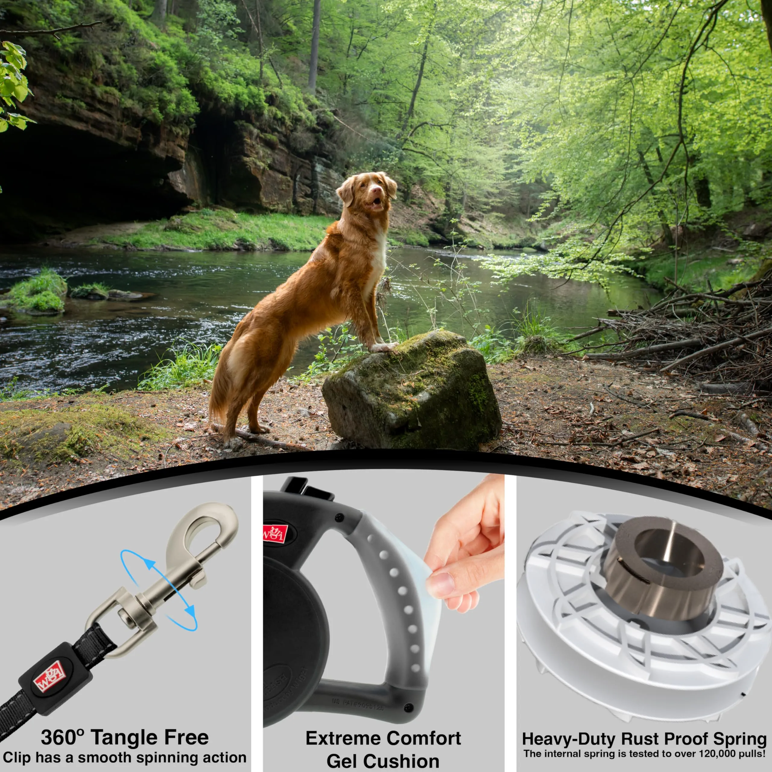 Wigzi Gel Handle Gripped Tape Retractable Nylon Dog Leash - Red - Large - Up to 16 Feet