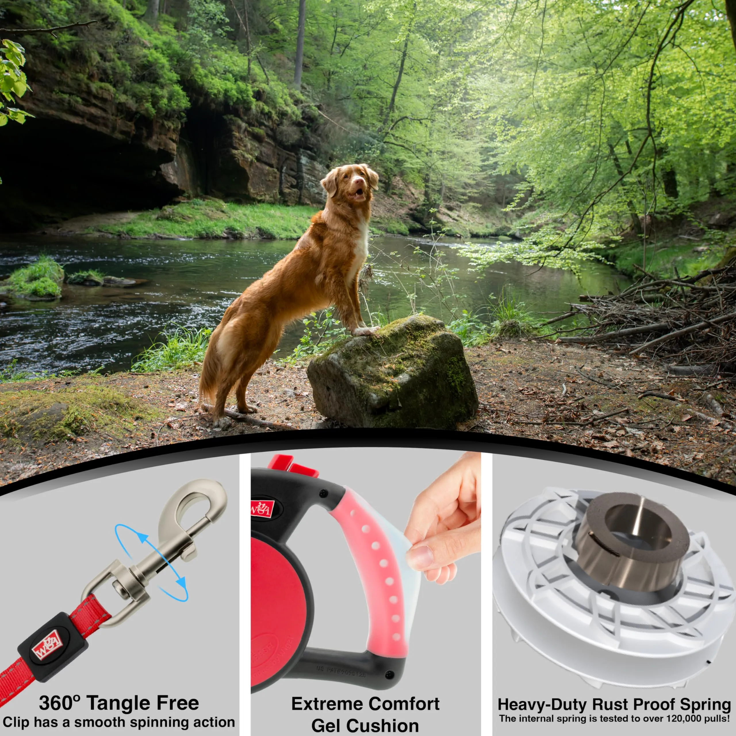 Wigzi Gel Handle Gripped Tape Retractable Nylon Dog Leash - Red - Small - Up to 16 Feet
