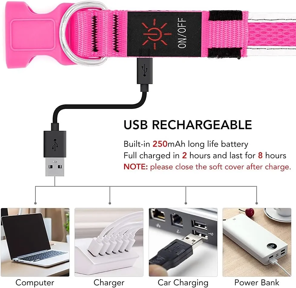 YFbrite Light up Dog Collar, USB Rechargeable LED Puppy Collar Super Bright Adjustable Glowing Dog Lights for Night Walking (Pink, Medium)