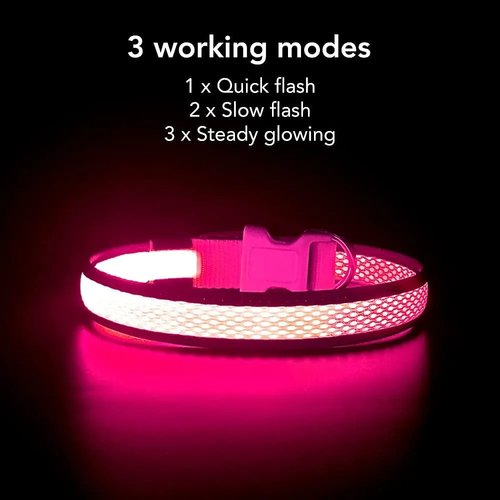 YFbrite Light up Dog Collar, USB Rechargeable LED Puppy Collar Super Bright Adjustable Glowing Dog Lights for Night Walking (Pink, Medium)